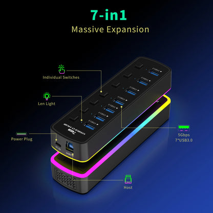 RGB 7-Port USB 3.0 Hub – 5Gbps Data Splitter with Individual On/Off Switch for Laptop & PC Gaming
