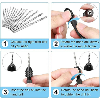 Mini Aluminum Hand Drill 0.3–3.4mm – Keyless Chuck Micro Rotary Tool with HSS Twist Drill Bit Set for Wood & DIY Crafts