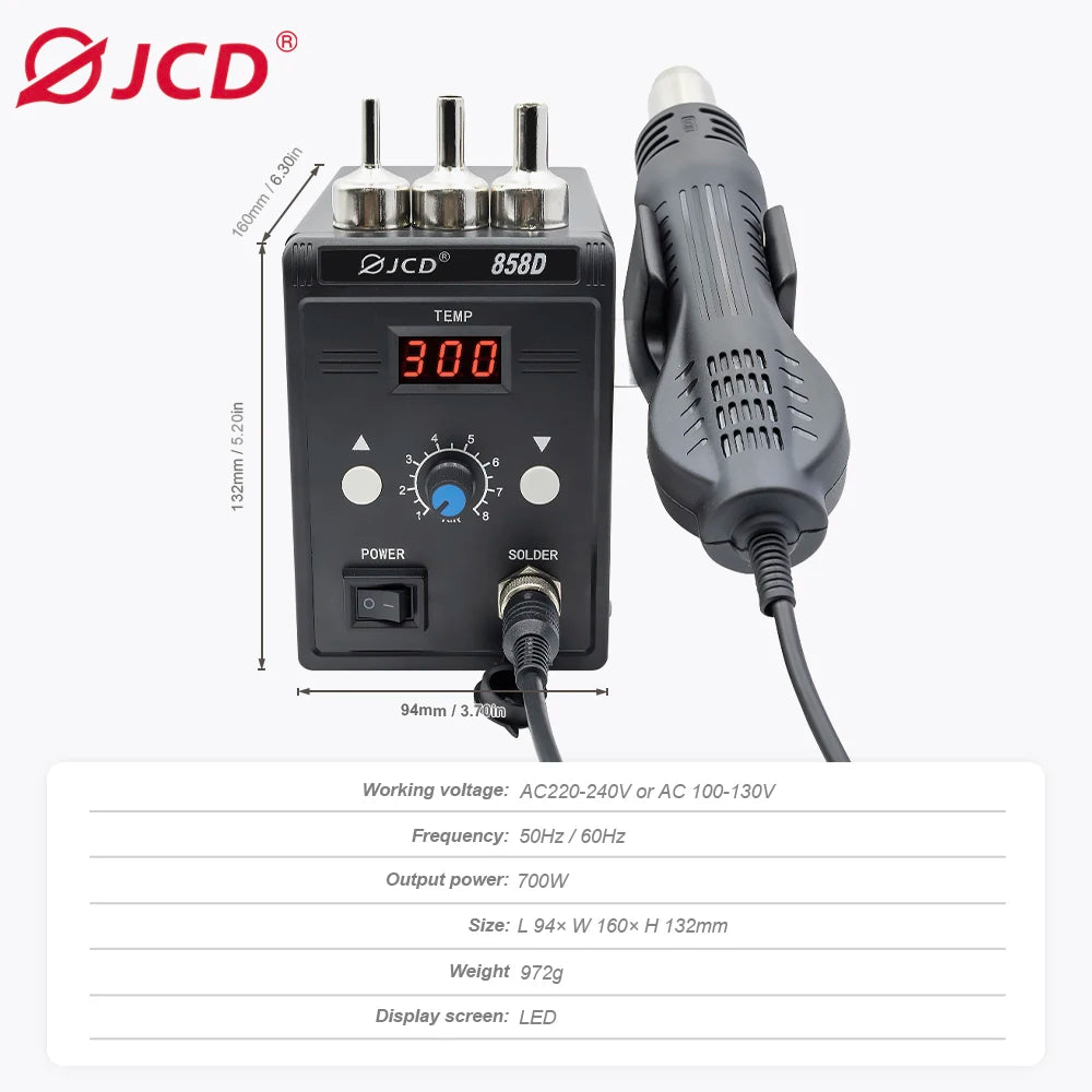 JCD Hot Air Gun 858D – 700W BGA Rework Solder Station, SMD SMT Welding Heat Gun, 220V/110V Repair Tool