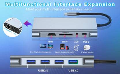 USB C Hub Adapter – 4K HDMI, VGA, PD, RJ45, SD/TF Card Reader for MacBook Pro/Air M1 & iPad