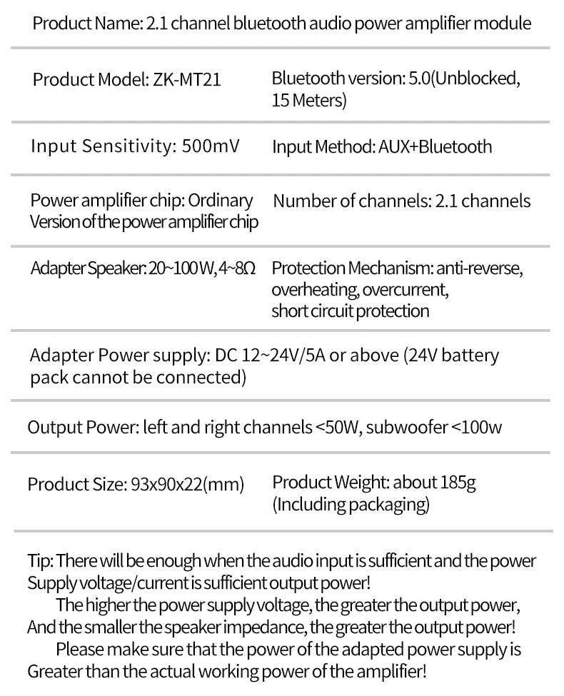 ZK-MT21 Bluetooth 5.0 2.1 Subwoofer Amplifier Board – CS8673E 50W×2 + 100W Stereo Bass Audio AMP with AUX Input