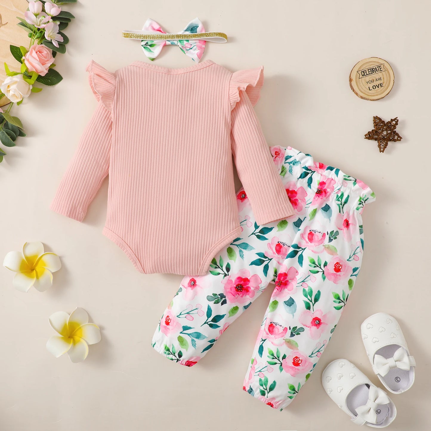 3-Piece Baby Girl Clothes Set – Long Sleeve Romper, Flower Pants & Headband, Spring & Autumn Outfit for 0-18 Months