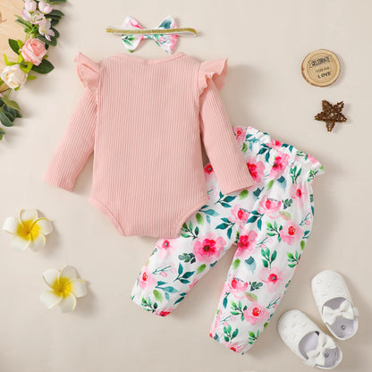 3-Piece Baby Girl Clothes Set – Long Sleeve Romper, Flower Pants & Headband, Spring & Autumn Outfit for 0-18 Months