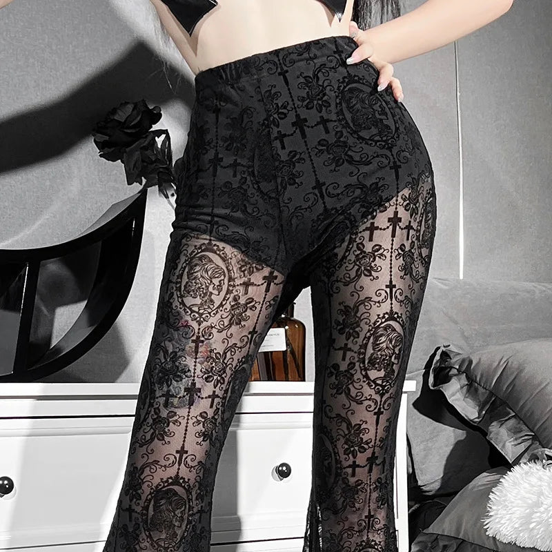 Women’s Gothic Lace Bell-Bottom Pants - High-Waisted Slim Printed Flare Trousers