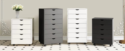 Wood Nightstand Cabinet with 5 Drawers – Waterproof Surface Storage Organizer with Rotating Wheels, Easy-Move Bedside Table for Office