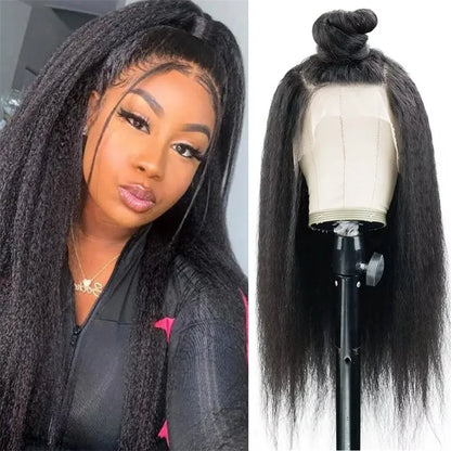 Kinky Straight 13x4 Lace Front Wig – Brazilian Human Hair, Bone Colored Yaki Straight, Transparent Lace Frontal Wig for Women