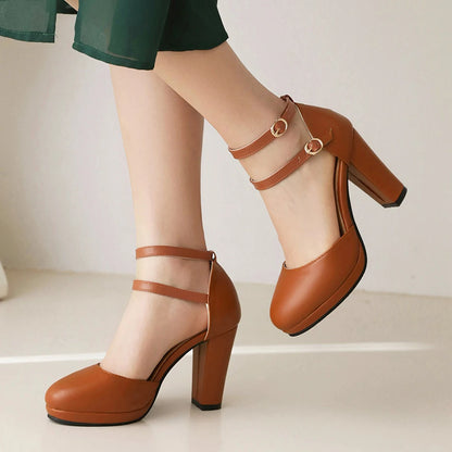 Women’s Brown Fashion Pumps – Round Toe High Heels with Rubber Sole & Black Platform, Leather Shoes for Spring & Autumn