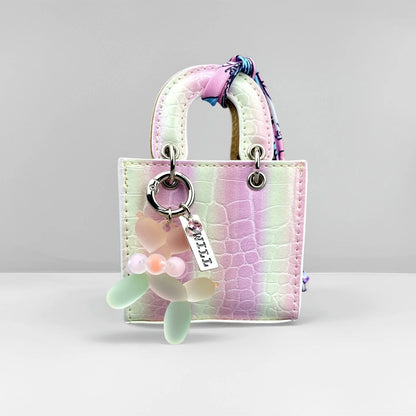 Mini PU Leather Rainbow Bag Charm - Gradient Balloon Dog Keychain Holder for Earbuds, Charger Cable & Gifts