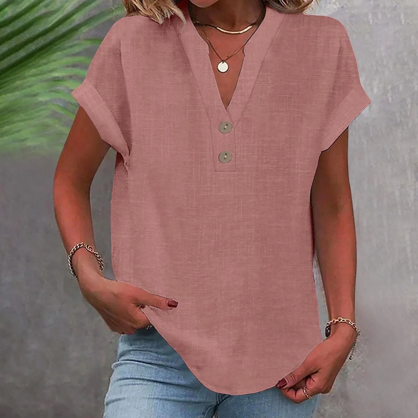 Women’s Cotton Linen Button-Down V-Neck Shirt – Breathable Solid Color Summer Office Casual Top 2025