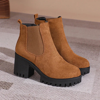 Women’s 2024 Designer Platform Ankle Boots – Elegant Round Toe Zipper Short Boots for Autumn Winter