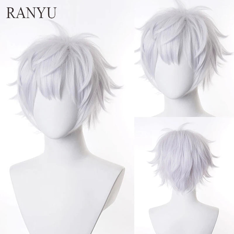 RANYU White Men’s Wig – Short Straight Synthetic Anime Hair, High-Temperature Fiber for Cosplay & Party