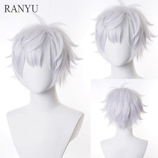 RANYU White Men’s Wig – Short Straight Synthetic Anime Hair, High-Temperature Fiber for Cosplay & Party