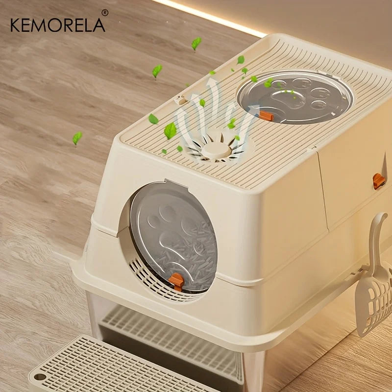 KEMORELA XL Stainless Steel Cat Litter Box – Extra Large Enclosed Litter Box with High Sides & Removable Scoop for Big Cats