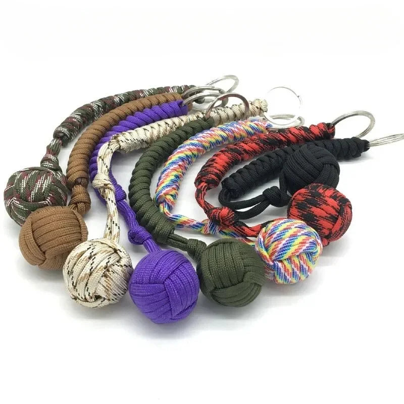 Monkey Fist Steel Ball Keychain – Self-Defense Survival Lanyard with Braided Rope for Outdoor Safety