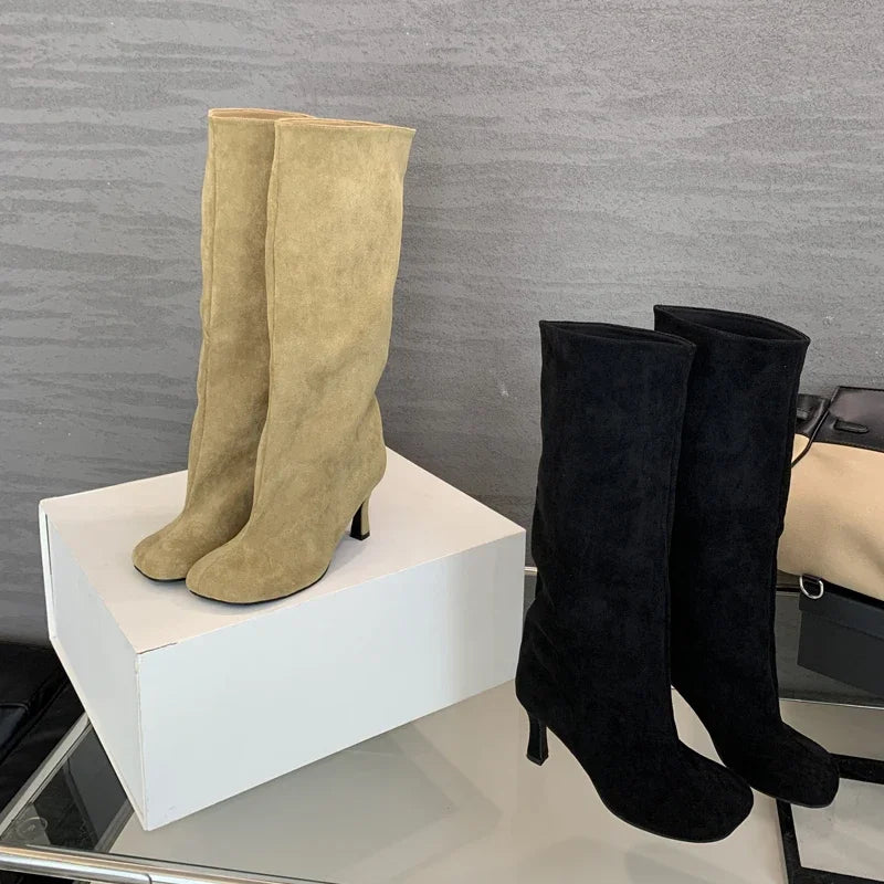 Eilyken Winter Street Style Knee-High Boots – Round Toe, Punk Thin High Heels, Fashionable Women's Long Booties