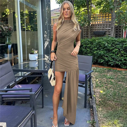 Balitops Summer Draped Ruched Mini Dress – 2025 Irregular High Waist Slim Fit Elegant Club Tank Dress for Women