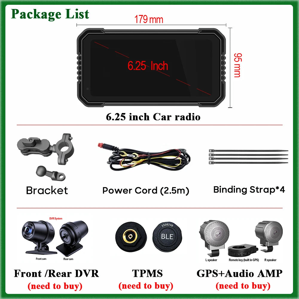 6.25-Inch Motorcycle GPS Navigation Screen with Wireless CarPlay & Android Auto – 1560x720 Resolution, Motor DVR Monitor, TPMS Optional