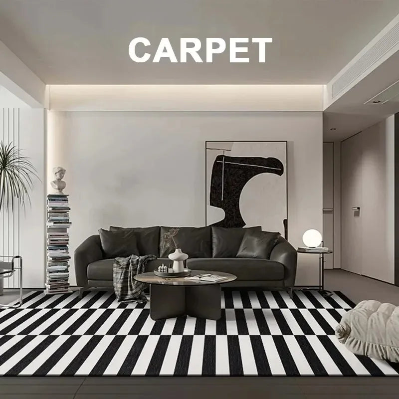 Light Luxury Black & White Plaid Rug — Fluffy Soft Carpet for Bedroom, Living Room, Study, and Home Decor
