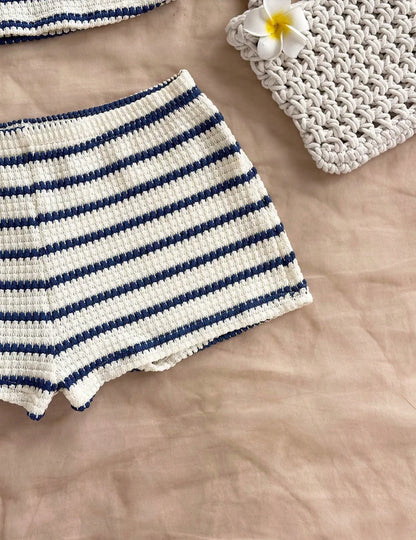 Summer Textured Knit Halter Top & Shorts Set - Classic Nautical Stripe Two-Piece Breathable Outfit