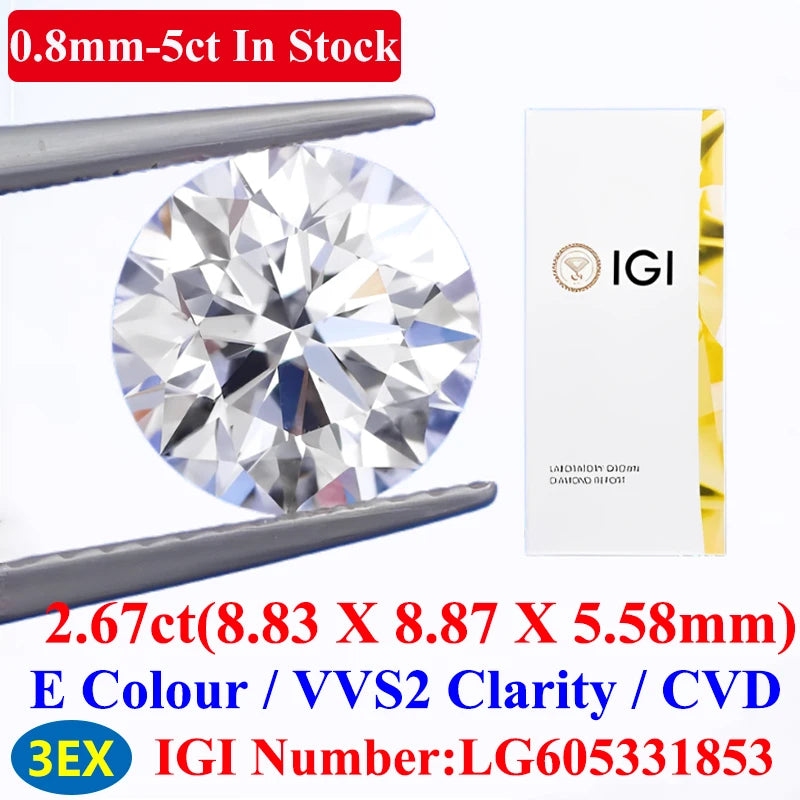 0.1–5CT Super White Lab-Grown Diamond Loose — IGI/GIA Certified, HPHT & CVD, DEFG VVS-SI, Diamond Tester Approved for Wedding Jewelry