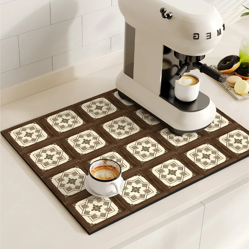 Retro Coffee Maker & Dish Drying Mat – Non-Slip, Quick-Dry Kitchen Placemat for Tableware, Washable