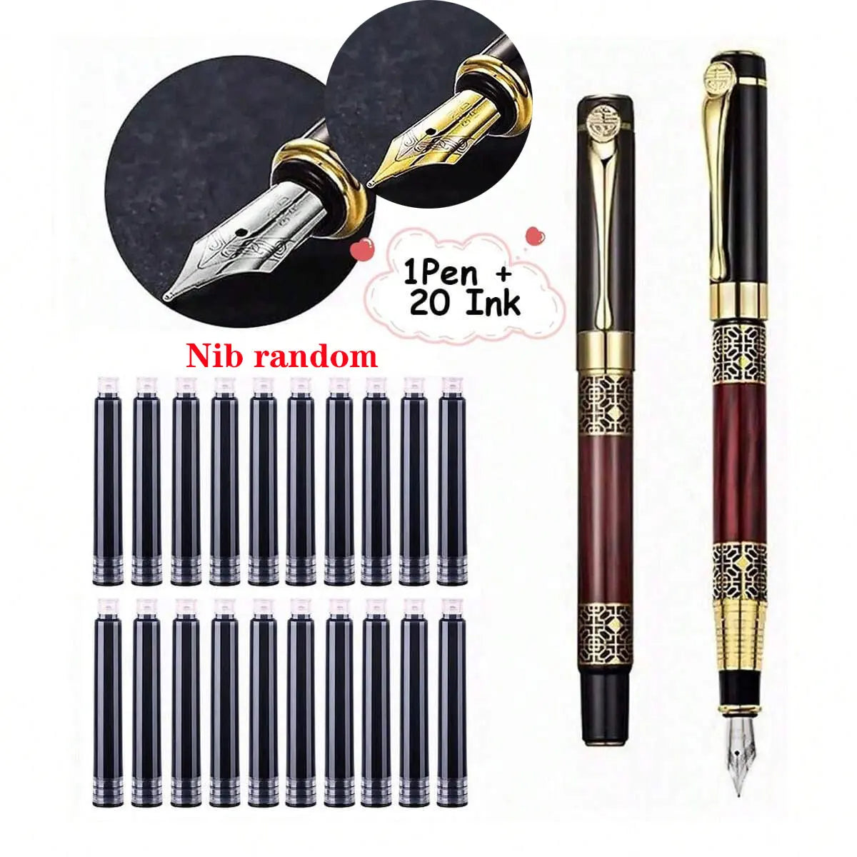 Retro Metal Fountain Pen — 1-100PCS Set with Replaceable Ink, Elegant Writing Pen for Office, School, and Stationery Gifts