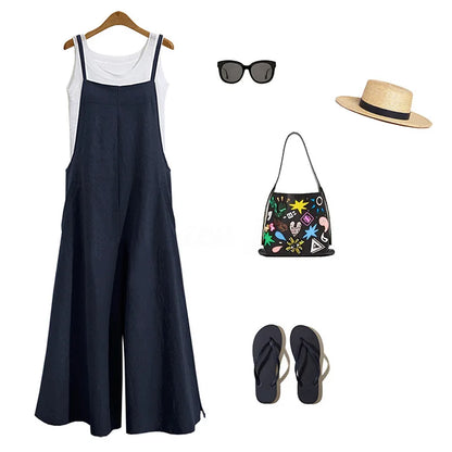 Women’s Summer Wide Leg Jumpsuit Overalls – Solid Color Sleeveless Cotton Linen Bib Dungaree, Casual Loose Fit Plus Size 5XL