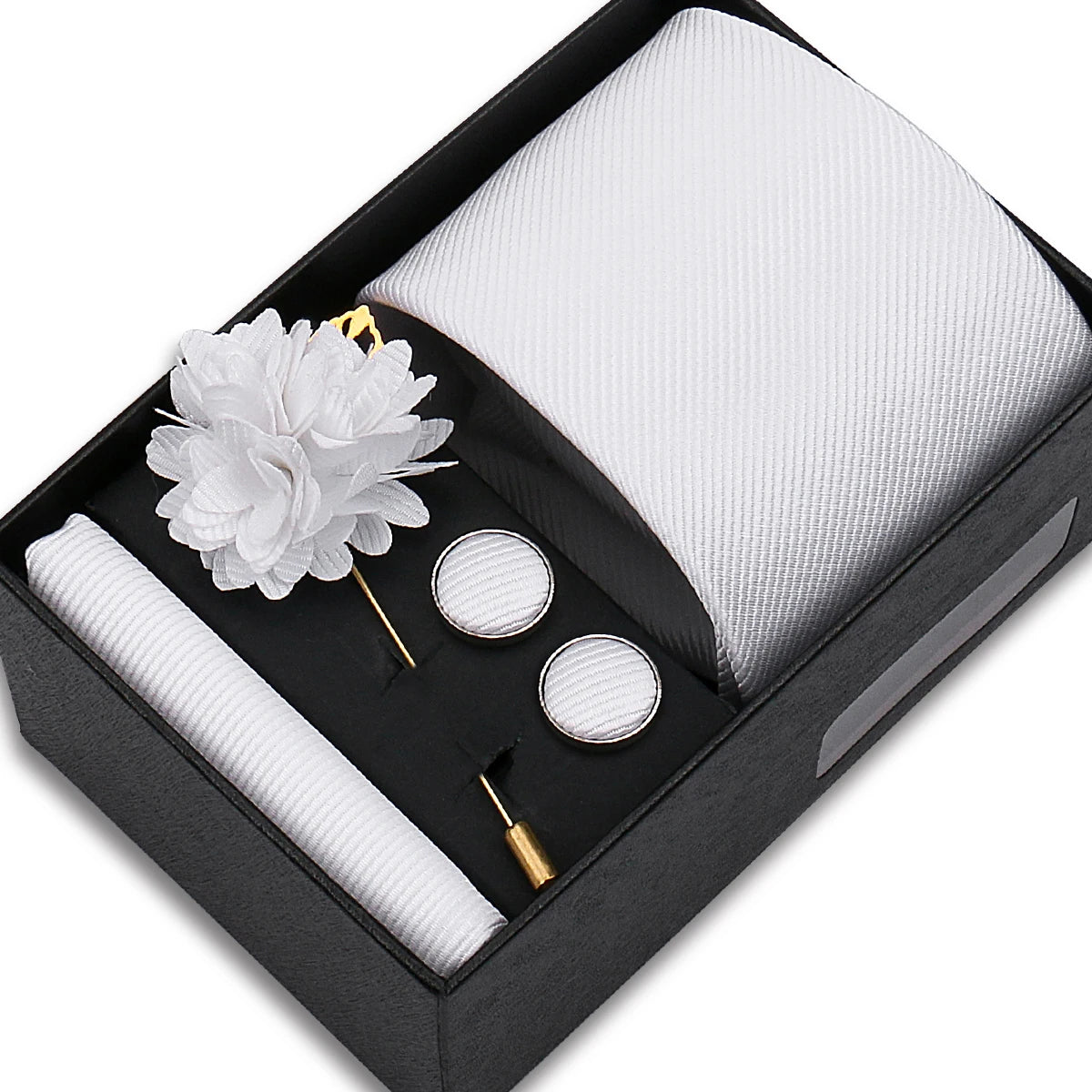 Men's Solid Color Tie Set - Jacquard Necktie, Hanky, Cufflinks & Brooch Gift Box for Weddings