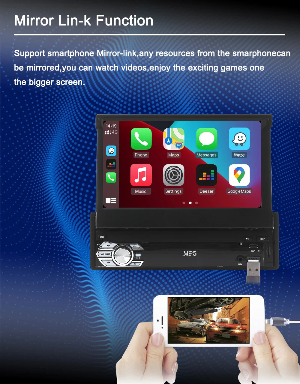 Universal 1-DIN 7" Car Stereo - Retractable Touchscreen MP5 Player with CarPlay, Android Auto, FM Radio & Mirror Link
