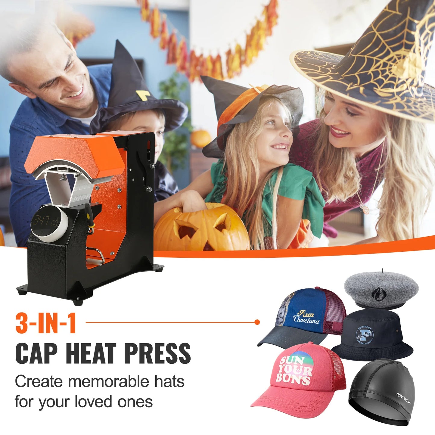 3-in-1 Hat Heat Press Machine - Adjustable Clamshell Cap Press with Replaceable Heating Pads