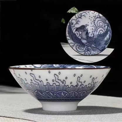70ML Handmade Blue & White Porcelain Tea Cup – Dragon, Phoenix & Fish Pavilion Design for Chinese Kungfu Tea Ceremony