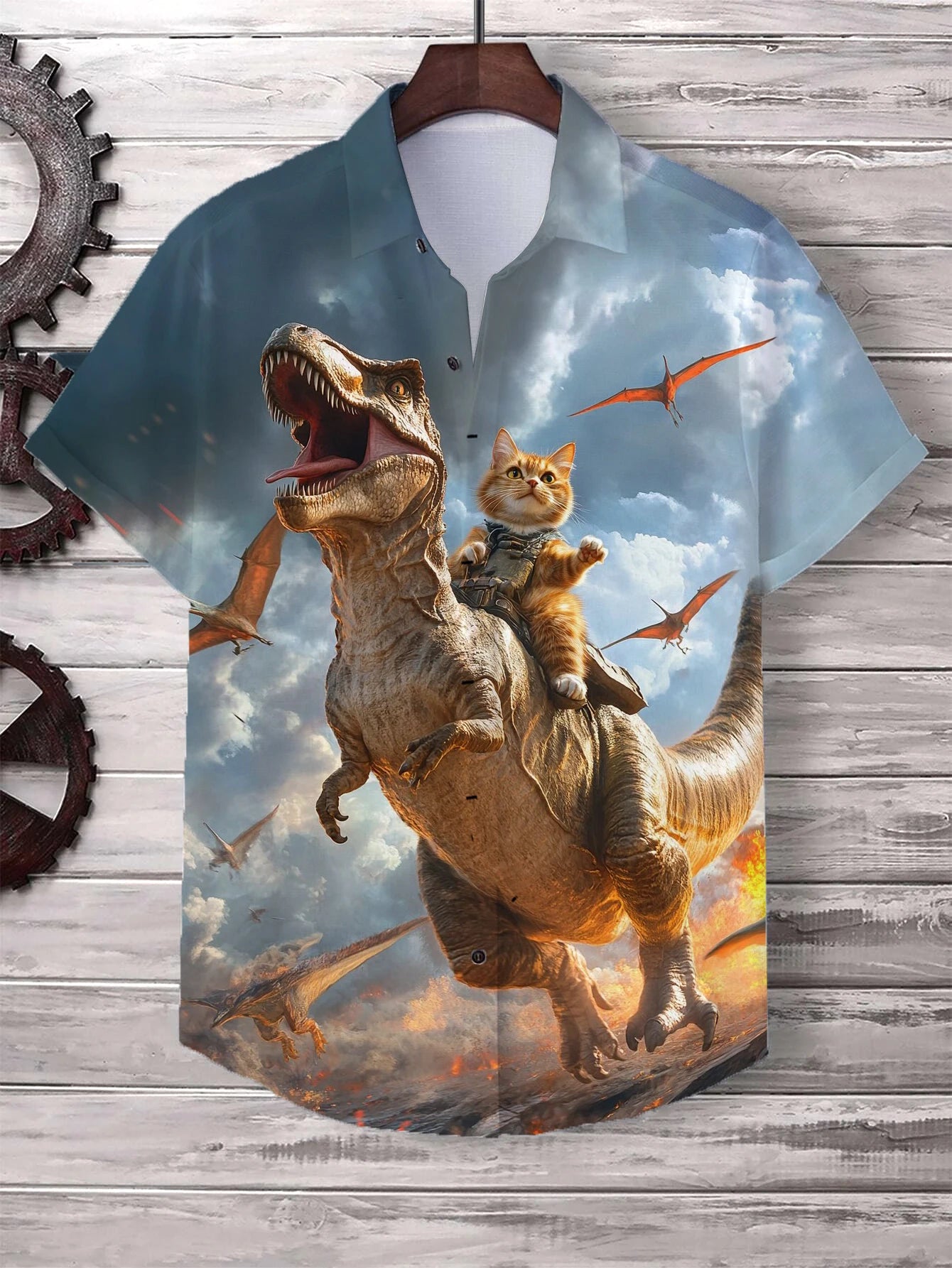 Men’s Cat Graphic Button Down Shirt - Oversized Short Sleeve Summer Hawaiian Vacation Top