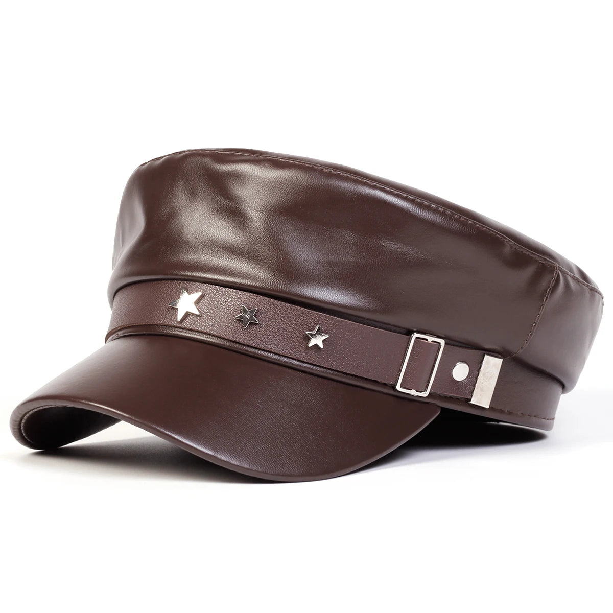 Large Buckle Leather Beret Hat - Fashion Sailor Military Cap for Women and Men