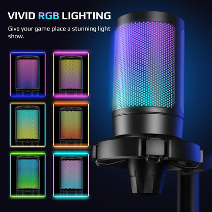 AmpliGame by FIFINE USB Gaming Microphone — RGB Condenser Mic with Gain Knob, Touch Mute for Streaming, Podcast, PC, Switch & PS5 A6NEO