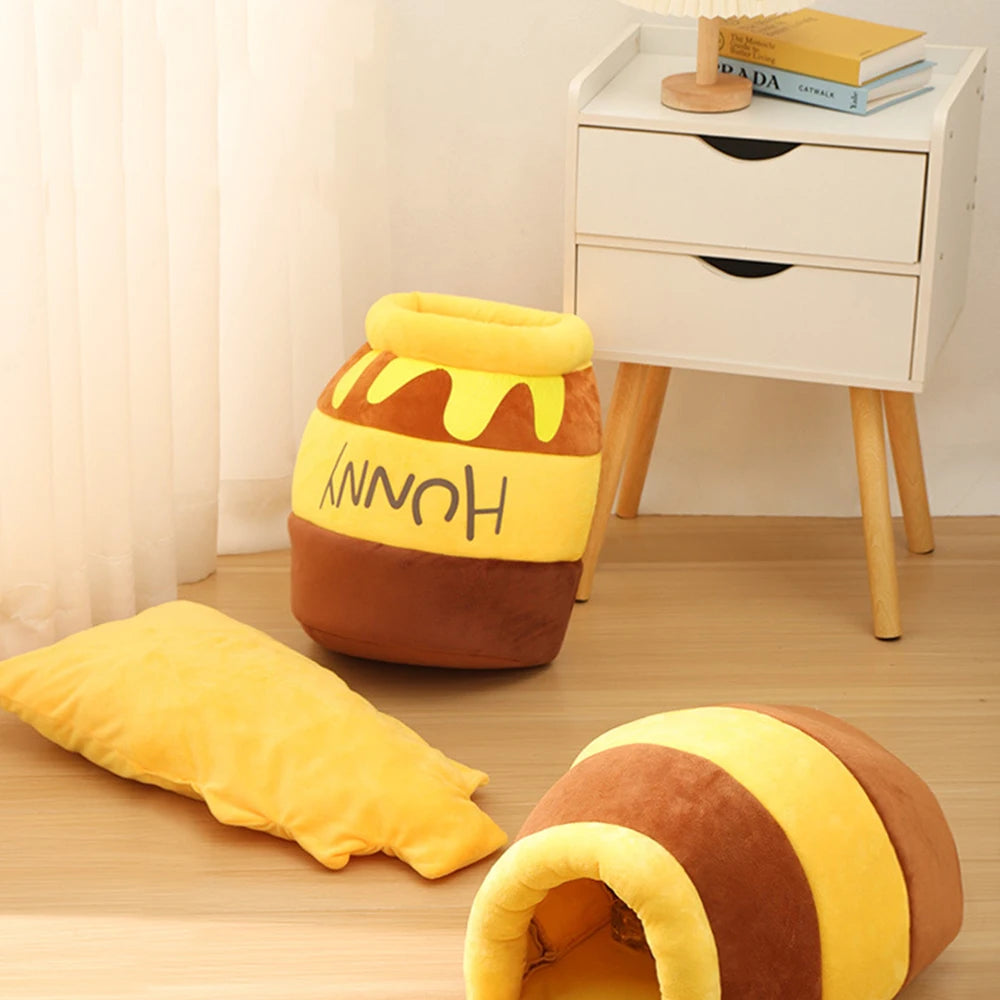 Honey Jar Shape Cat Bed House - Removable Plush Mat for Cats, Four Seasons Cushion Basket - Machine Washable Pet Accessories