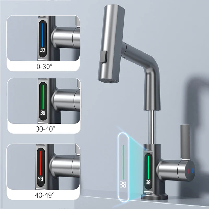 Waterfall Temperature Digital Display Basin Faucet | Lift Up Down Stream Sprayer | Hot Cold Water Sink Mixer Wash Tap | Bathroom Fixture