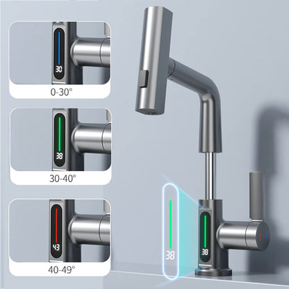 Waterfall Temperature Digital Display Basin Faucet | Lift Up Down Stream Sprayer | Hot Cold Water Sink Mixer Wash Tap | Bathroom Fixture