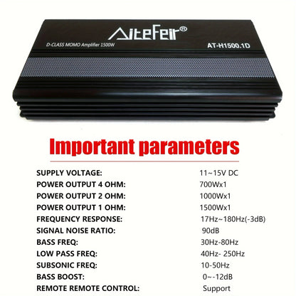 1500W RMS Class D Mono Amplifier with Remote - 1-Channel Stable Power Amp for Subwoofer Systems