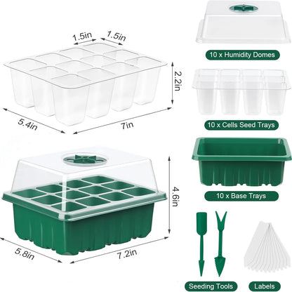 10-Pack Seed Starter Trays with Vent Holes – 12-Grid Mini Greenhouse Planting Kit for Seed Growing & Cultivation