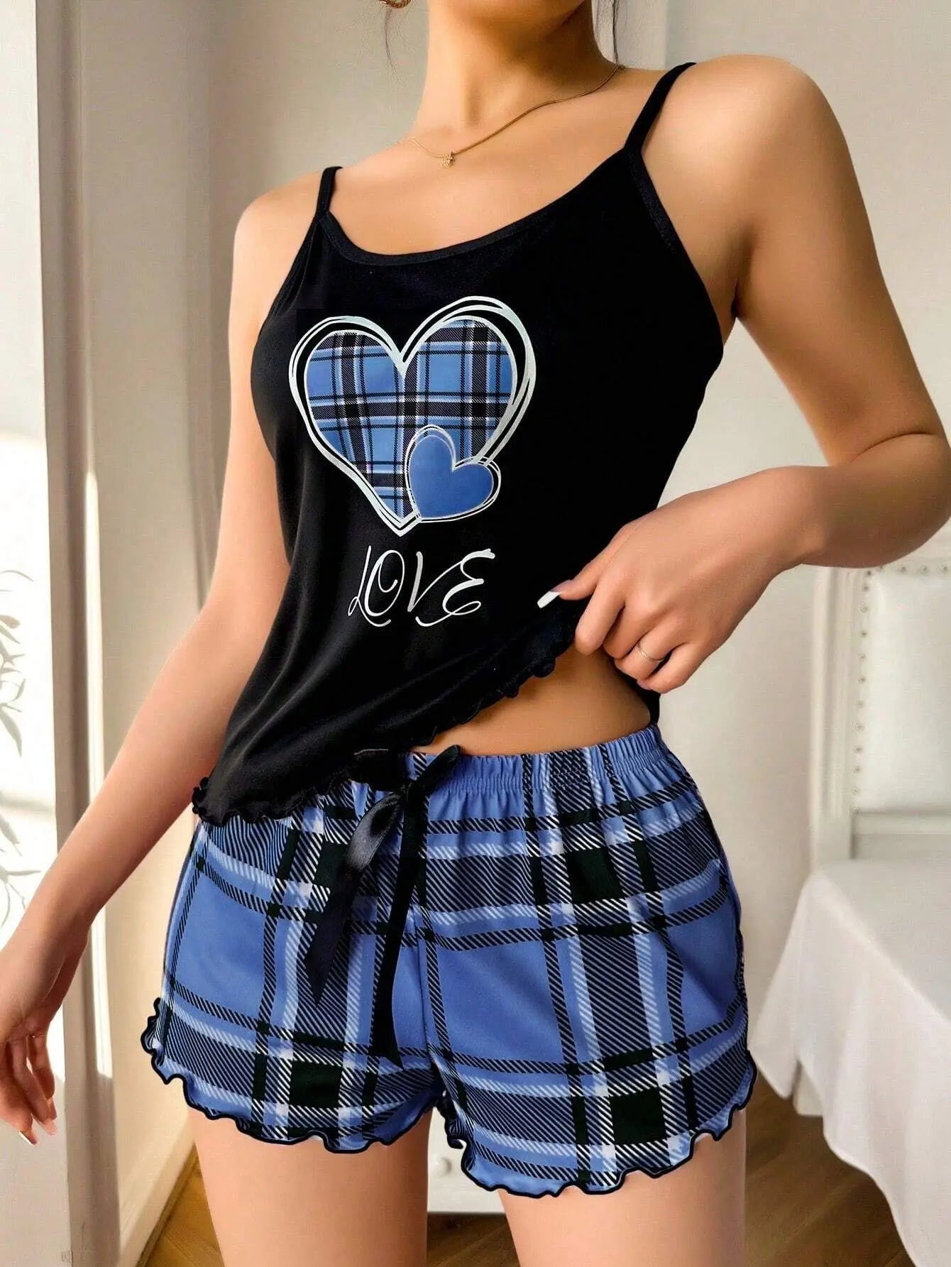 Women’s Sexy Suspender Pajama Set - Letter Print Plaid Shorts Romantic Thin Nightwear Home Wear