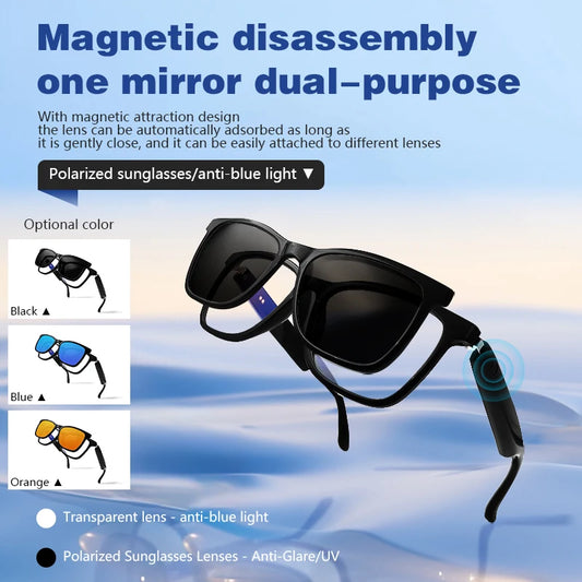 Hot GS05 2-in-1 Smart Glasses for Men – UV Protection, Polarized Anti-Blue Light Sunglasses with Music, Black Frame & White Lenses