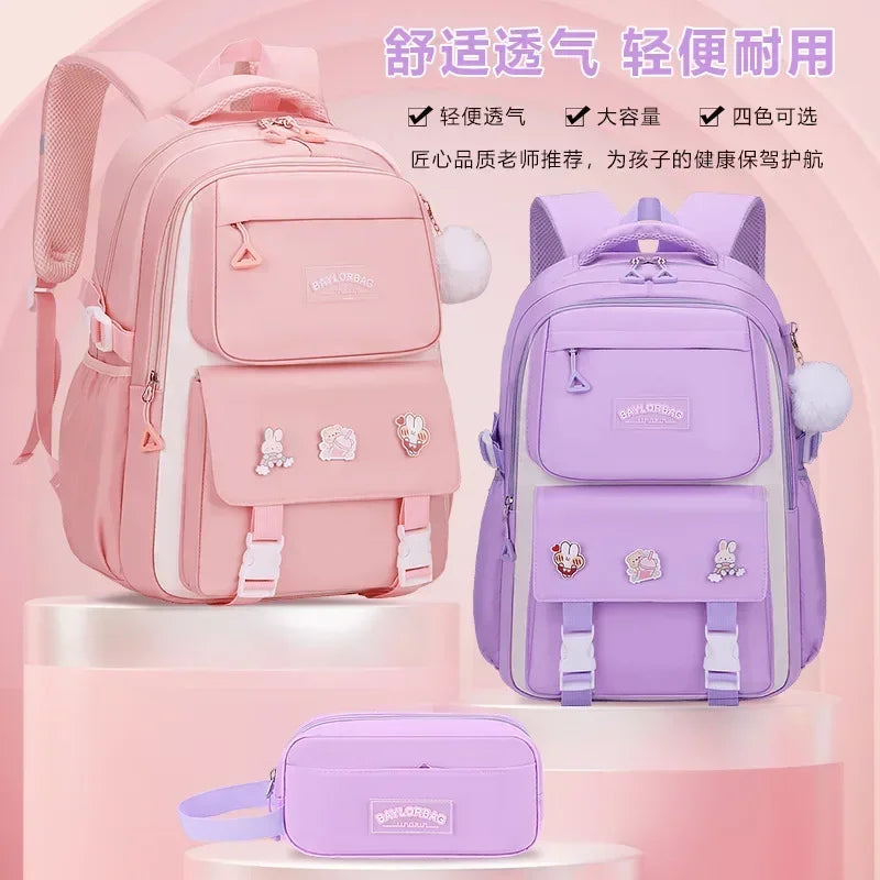 Pink Large Capacity Backpack – Spine Protection for Middle & High School Girls, Children’s School Bag with Hanging Accessories