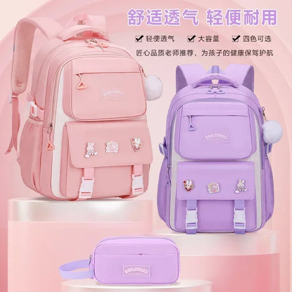 Pink Large Capacity Backpack – Spine Protection for Middle & High School Girls, Children’s School Bag with Hanging Accessories
