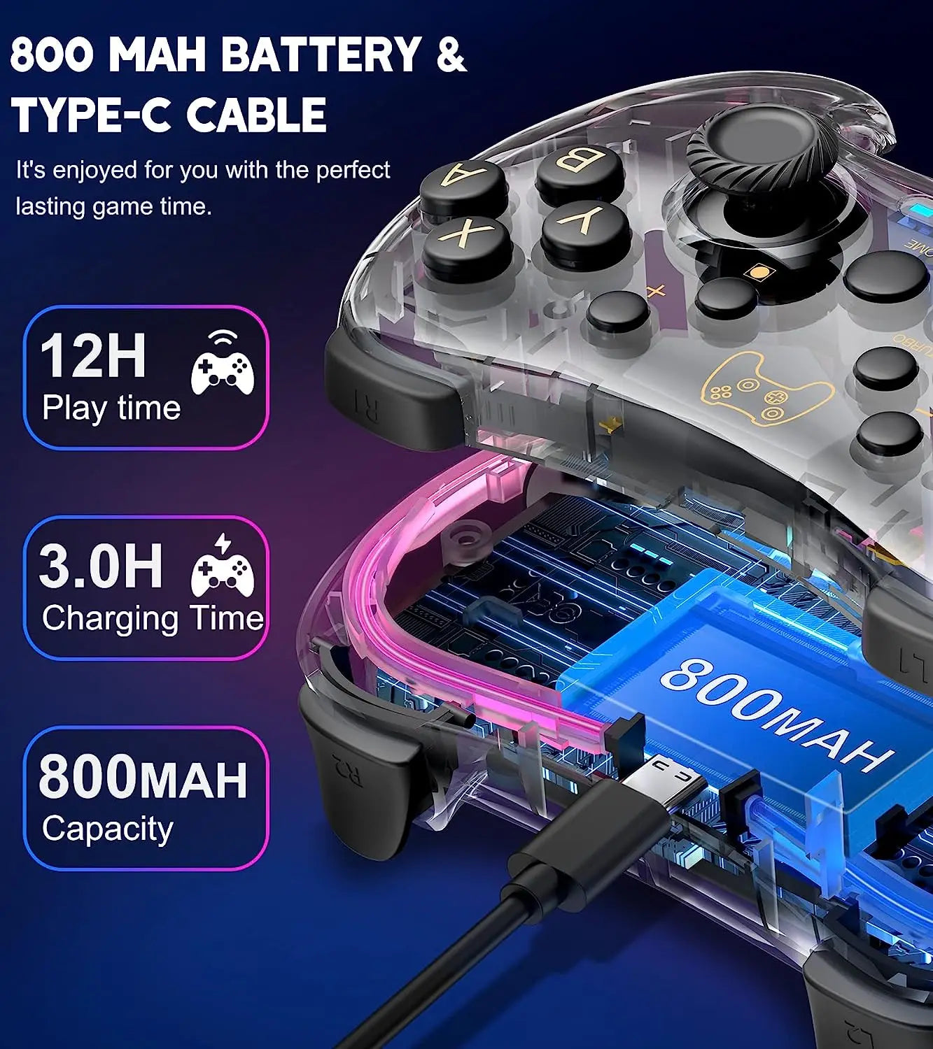 Controller 7039 for Nintendo Switch – Transparent Gamepad with RGB Lights, Turbo, Wake-Up, Multi-Platform & App Support
