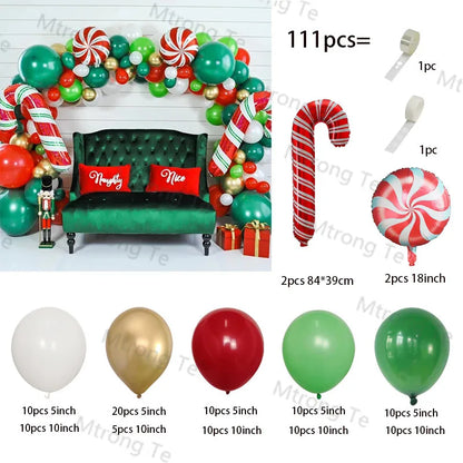 Christmas Balloon Garland Arch – Red & Green Balloons, Star, Santa, and Gift Box Foil Balloons for Xmas and New Year Decoration