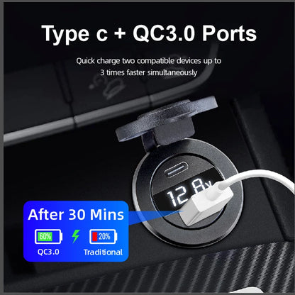 USB Car Charger PD 3.0 Quick Charge Power Socket with LED Voltmeter 12V/24V Waterproof Dual Port for Car Boat Universal Power Outlet