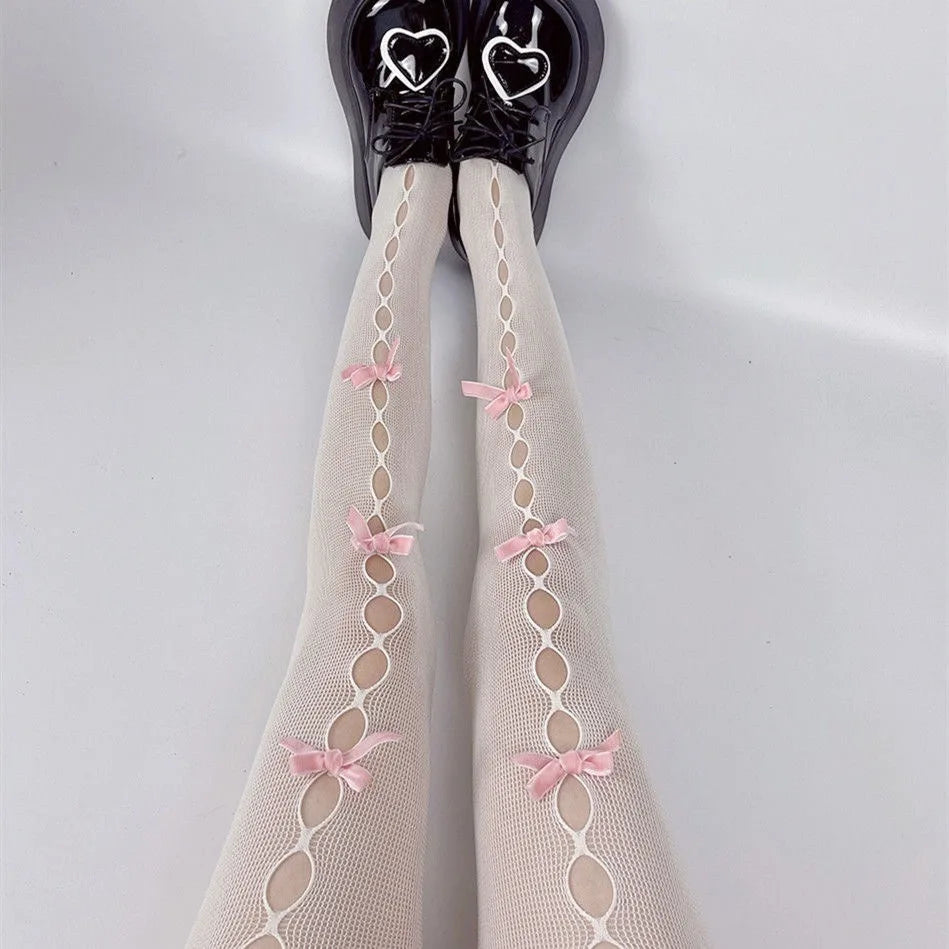 Bowknot Lace Fishnet Pantyhose - Y2K Hollow Out Tights for Women