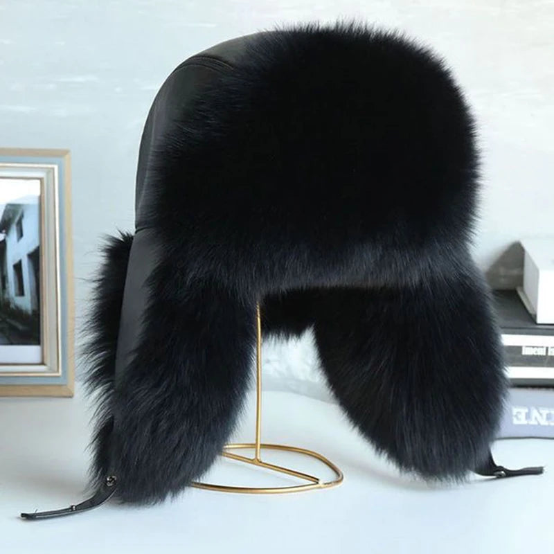 Natural Raccoon & Fox Fur Russian Ushanka Hat – Women’s Black Winter Bomber Cap with Ear Flaps