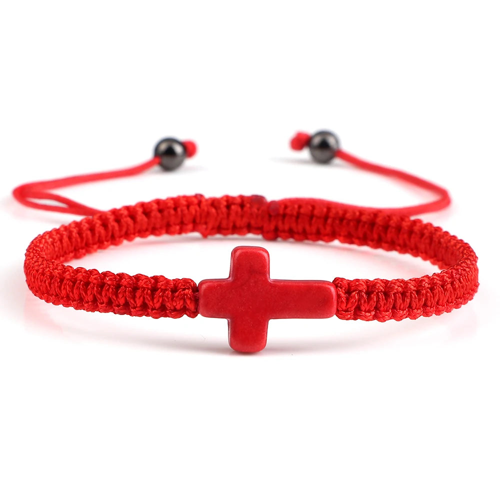 Hand Woven Jesus Cross Bracelet - Red & Black Braided Thread Lucky Couple Jewelry Gift for Men & Women