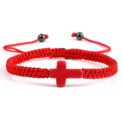 Hand Woven Jesus Cross Bracelet - Red & Black Braided Thread Lucky Couple Jewelry Gift for Men & Women